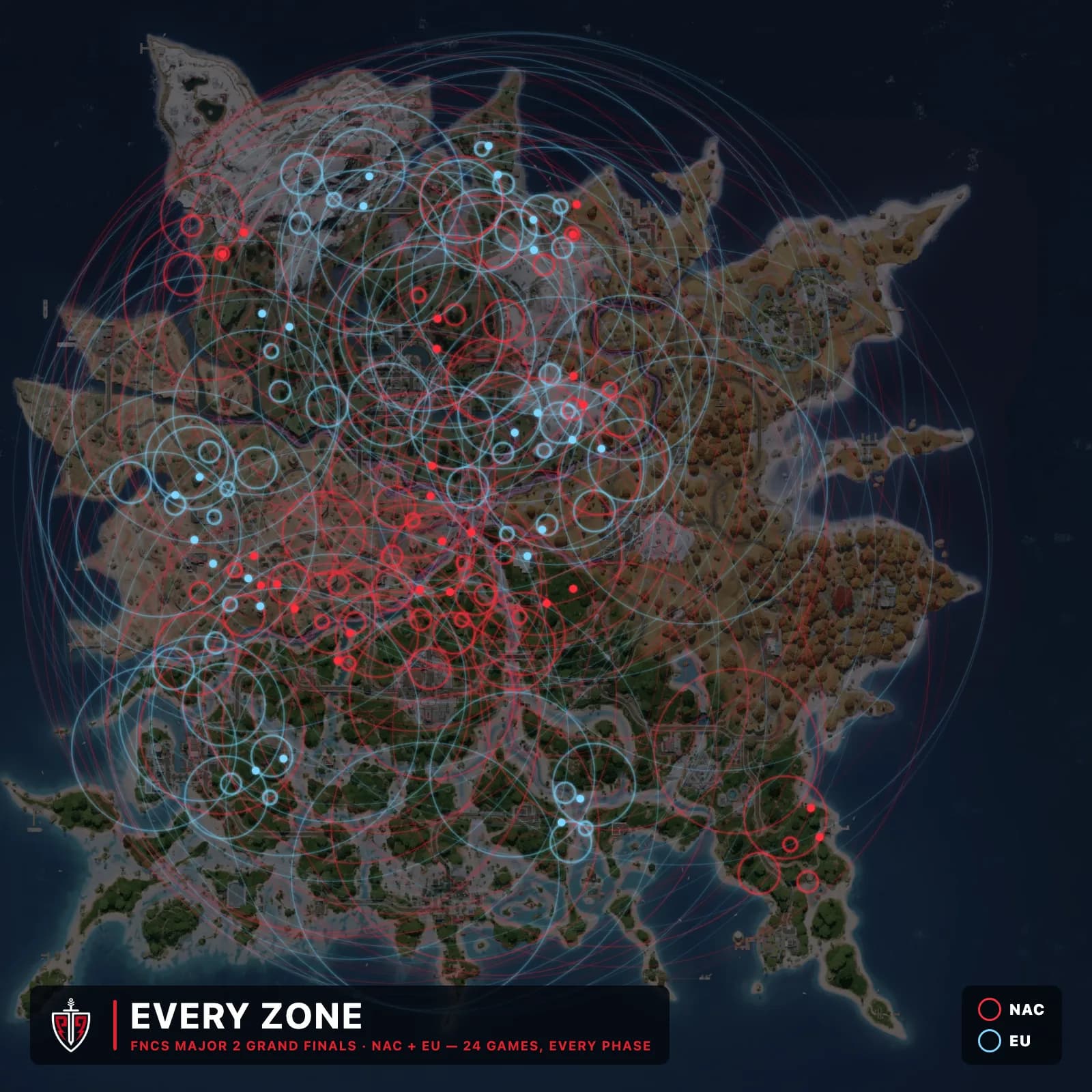 Every storm phase from all 24 games of the FNCS 2026 Major 2 Grand Finals overlaid on the Fortnite island — 264 zone rings across NAC and EU