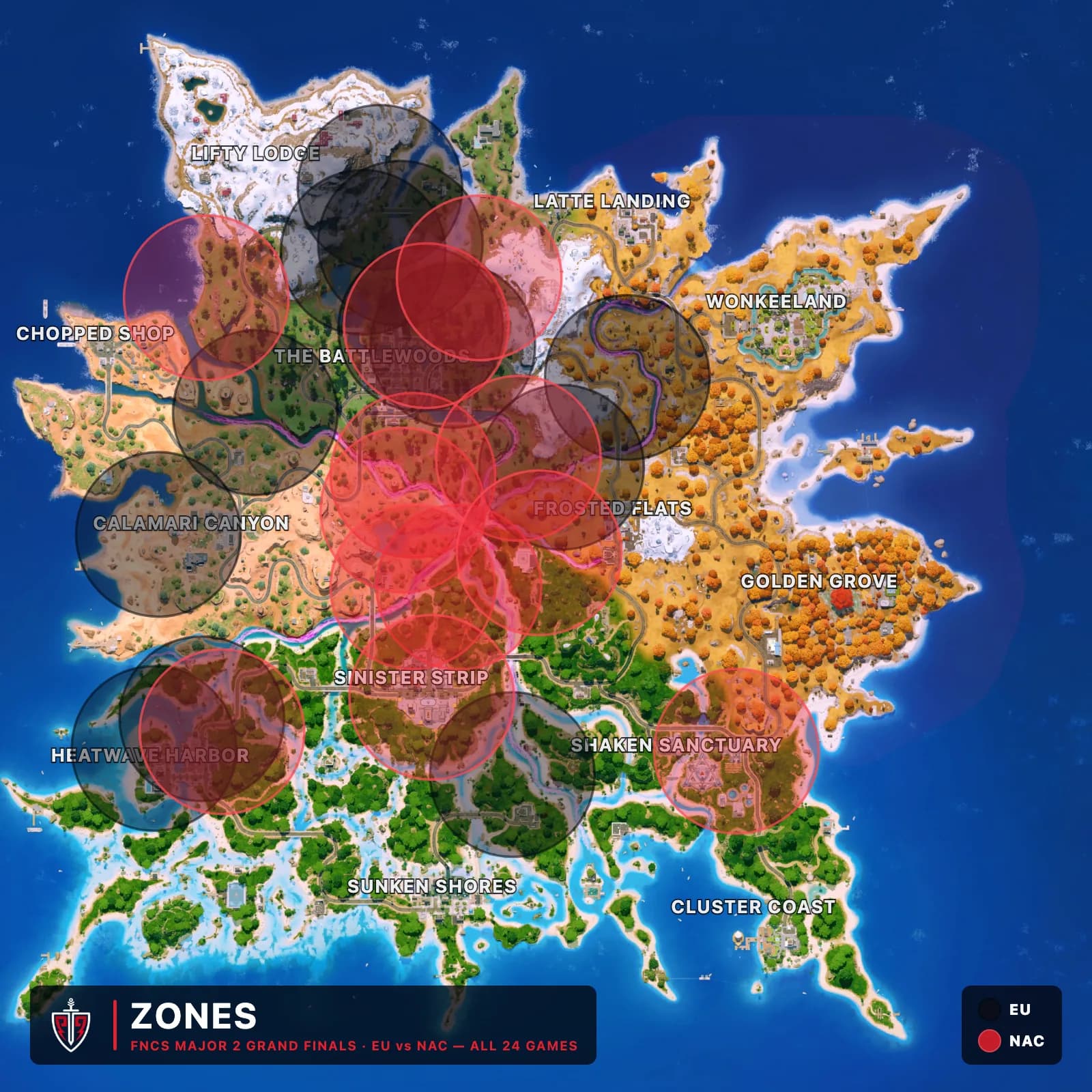 All 24 FNCS Major 2 zone-5 circles on one map, EU in black and NAC in red, showing NAC clustered centrally and EU scattered