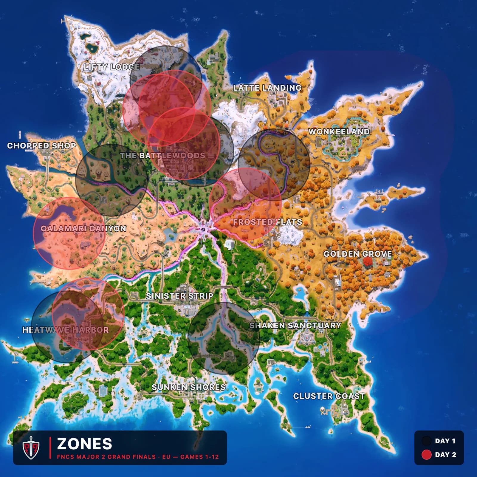 The 12 EU zone-5 circles from FNCS Major 2 spread across the whole island, Day 1 in charcoal and Day 2 in red